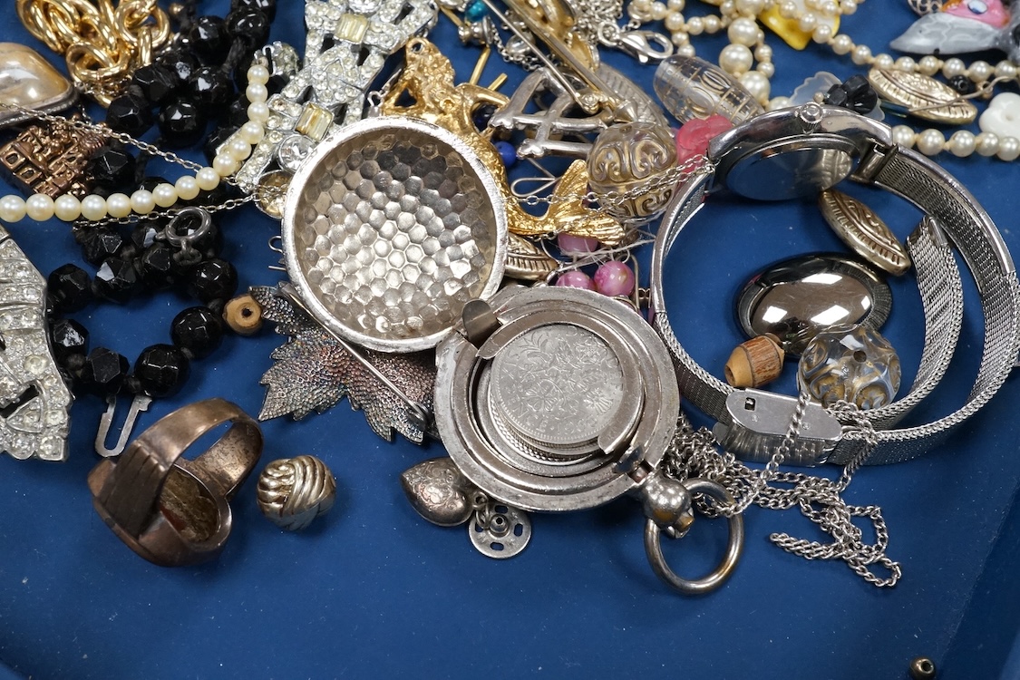 A quantity of assorted costume and other jewellery, including filigree white metal bracelet, paste cluster set clip brooch, Scottish silver twin hearts brooch, etc., together with four assorted lady's wrist watches.